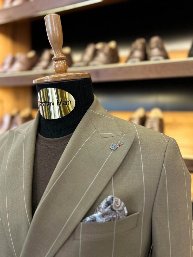 Костюм MAZALTOVMAN 2-ка Двубортный Premium Темно-бежевый в полоску