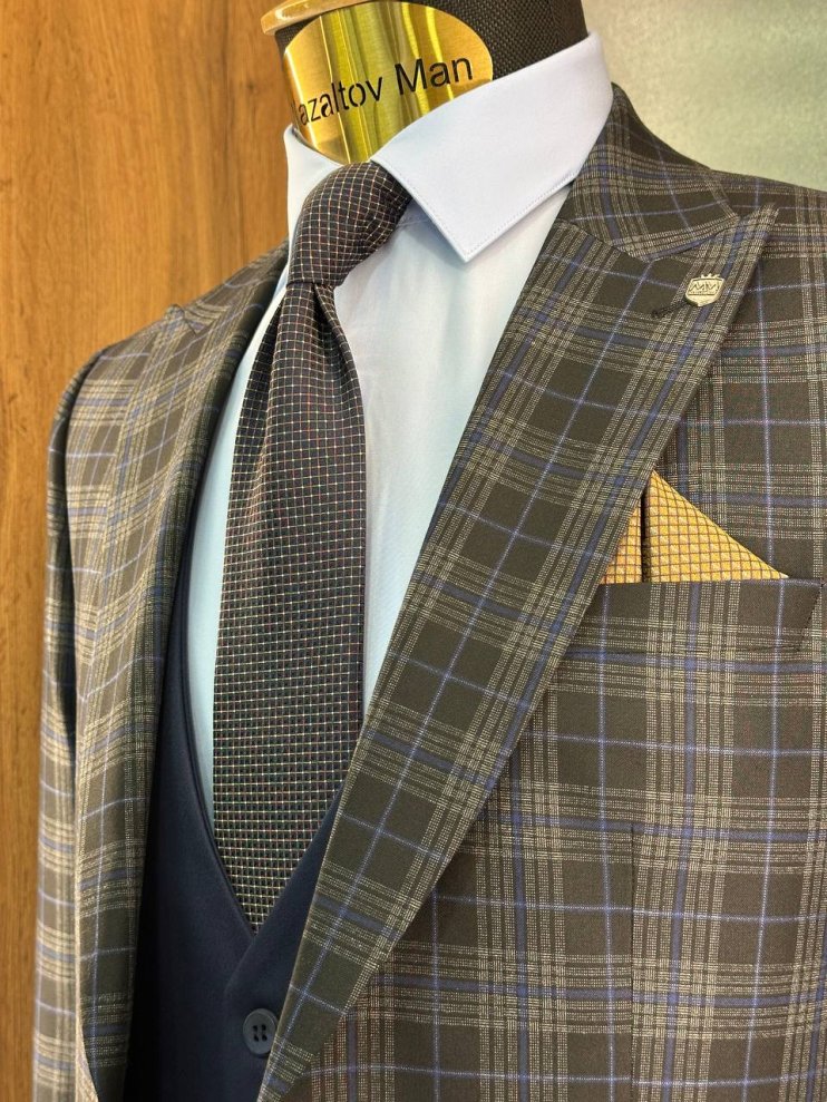 Костюм MAZALTOVMAN 3-ка Premium Черный в синюю клетку