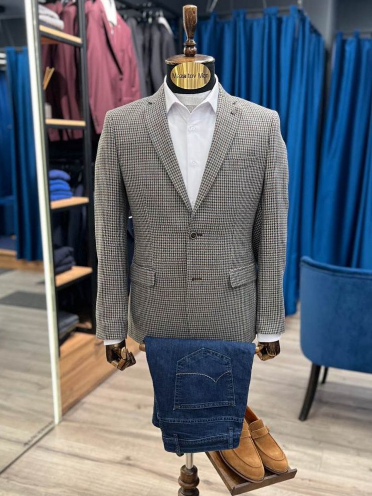 Пиджак VAL Бежевый в сине-коричневую микроклетку