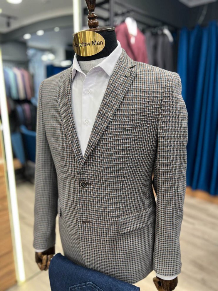 Пиджак VAL Бежевый в сине-коричневую микроклетку