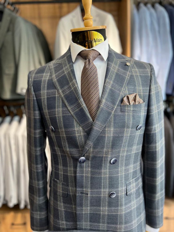 Костюм MAZALTOVMAN 2-ка двубортный Premium Серый в бежевую клетку